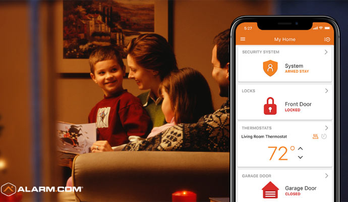 The smart home security app is by Alarm.com