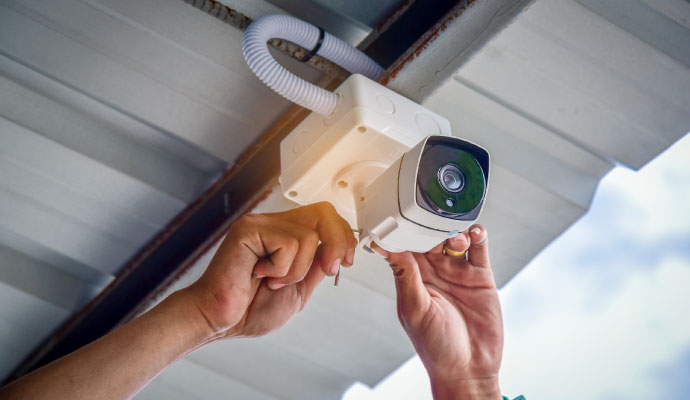 Technician installing CCTV camera on ceiling.