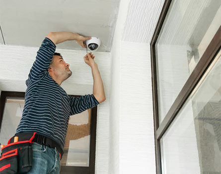 Expert installing home security camera in a house.