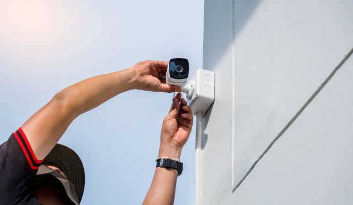 Team member installing white security camera on wall 