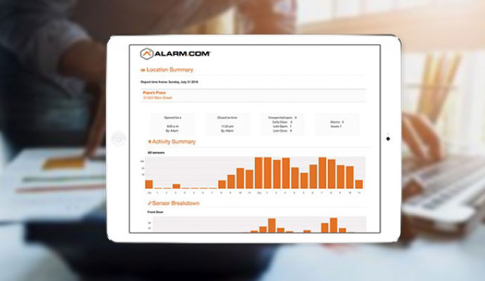 Tablet displaying Alarm.com location summary 