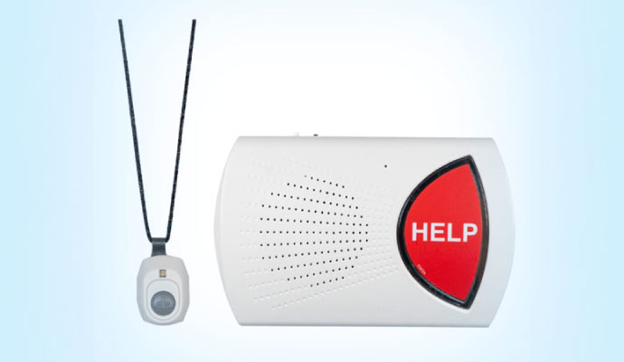 White medical alert system with red button and pendant