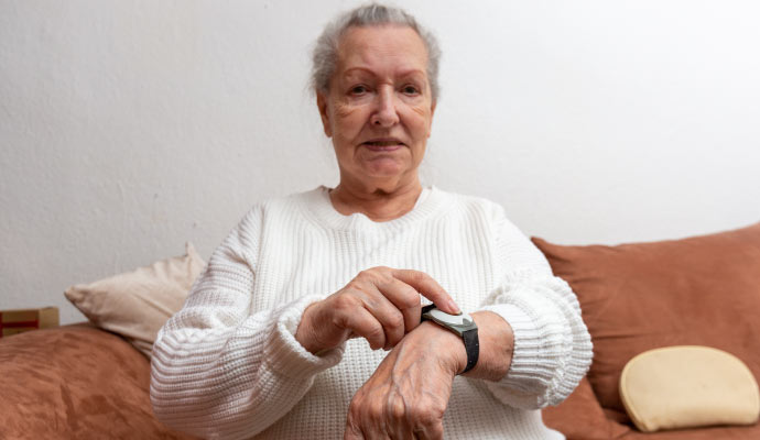 an elderly woman wearing emergency medical alert button