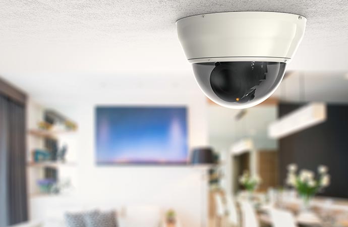 a modern indoor security camera mounted on the ceiling